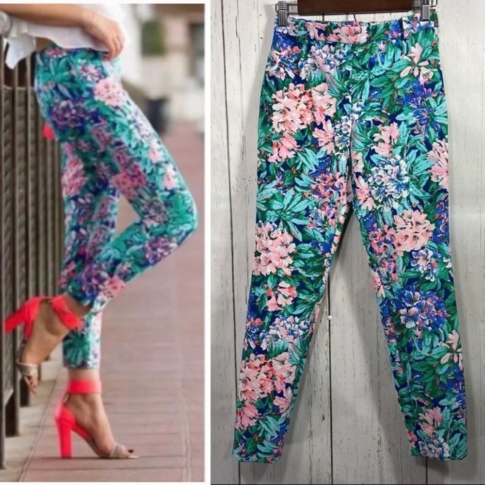 Zara Green Tropical Floral Ankle Pants High Waist Slim Fit Resortwear Vacation